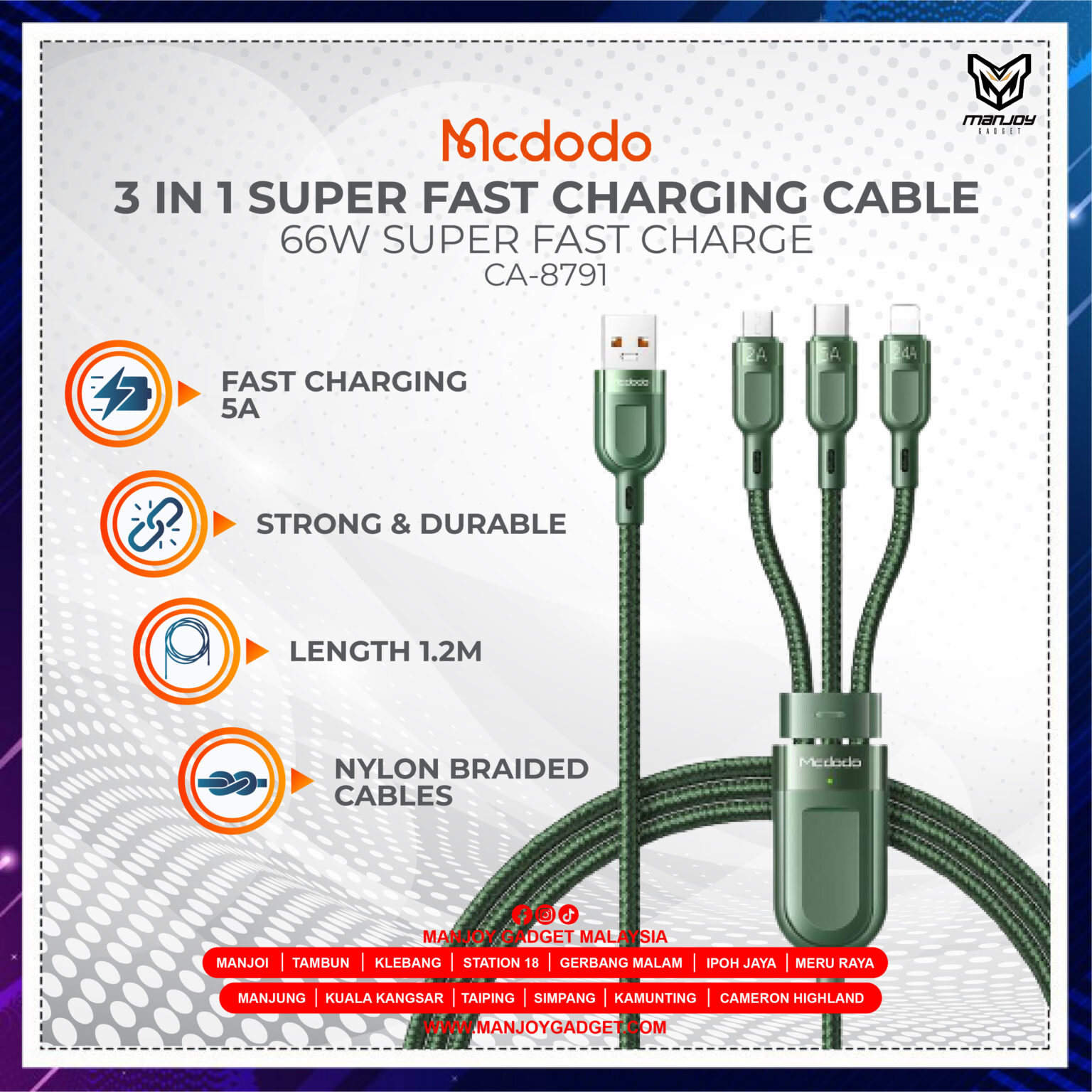 Mcdodo 3 In 1 Fast Charging Cables 5a Type C Lightning Micro Usb Cable Ca 8791 Manjoy Gadget 2034